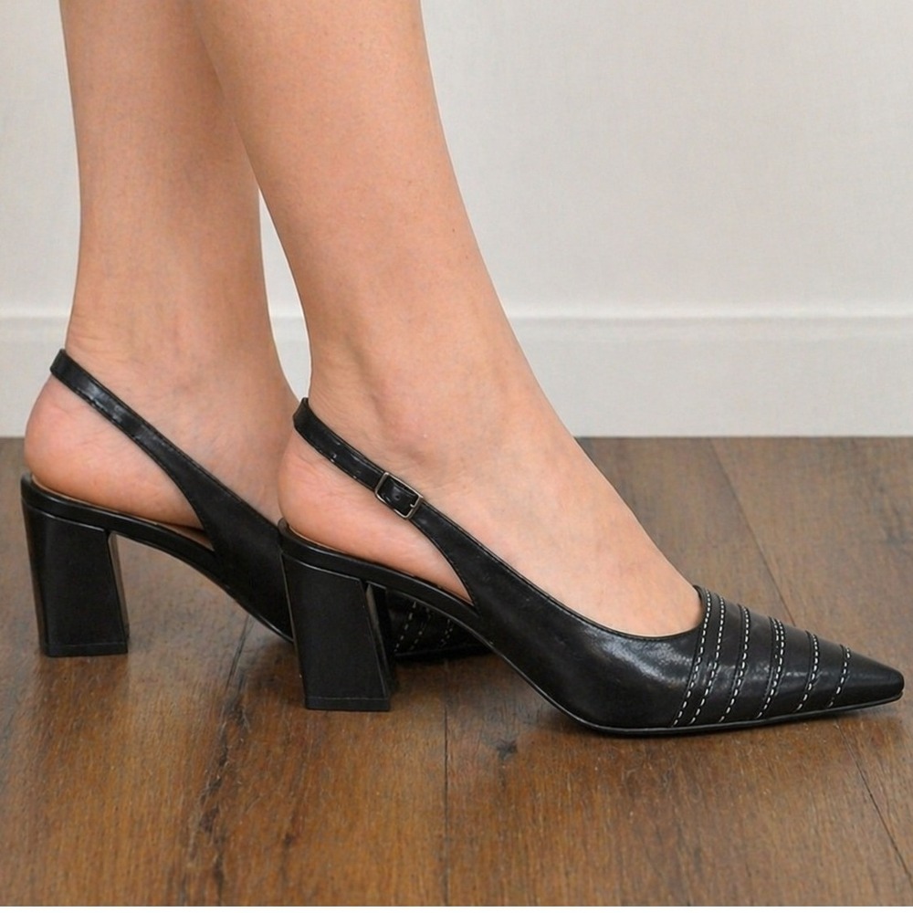 Circa‎ Joan & David 90s Black Leather Slingback Pointed Block Heel Pumps 6.5M